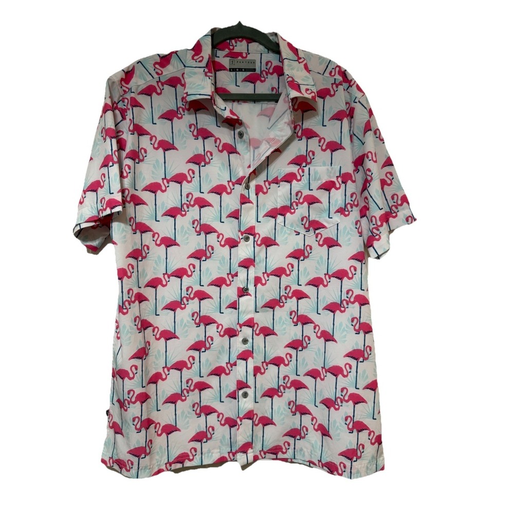 PGA Tour Tropical Large Flamingo Print Short Sleeve Golf Button-Up Shirt